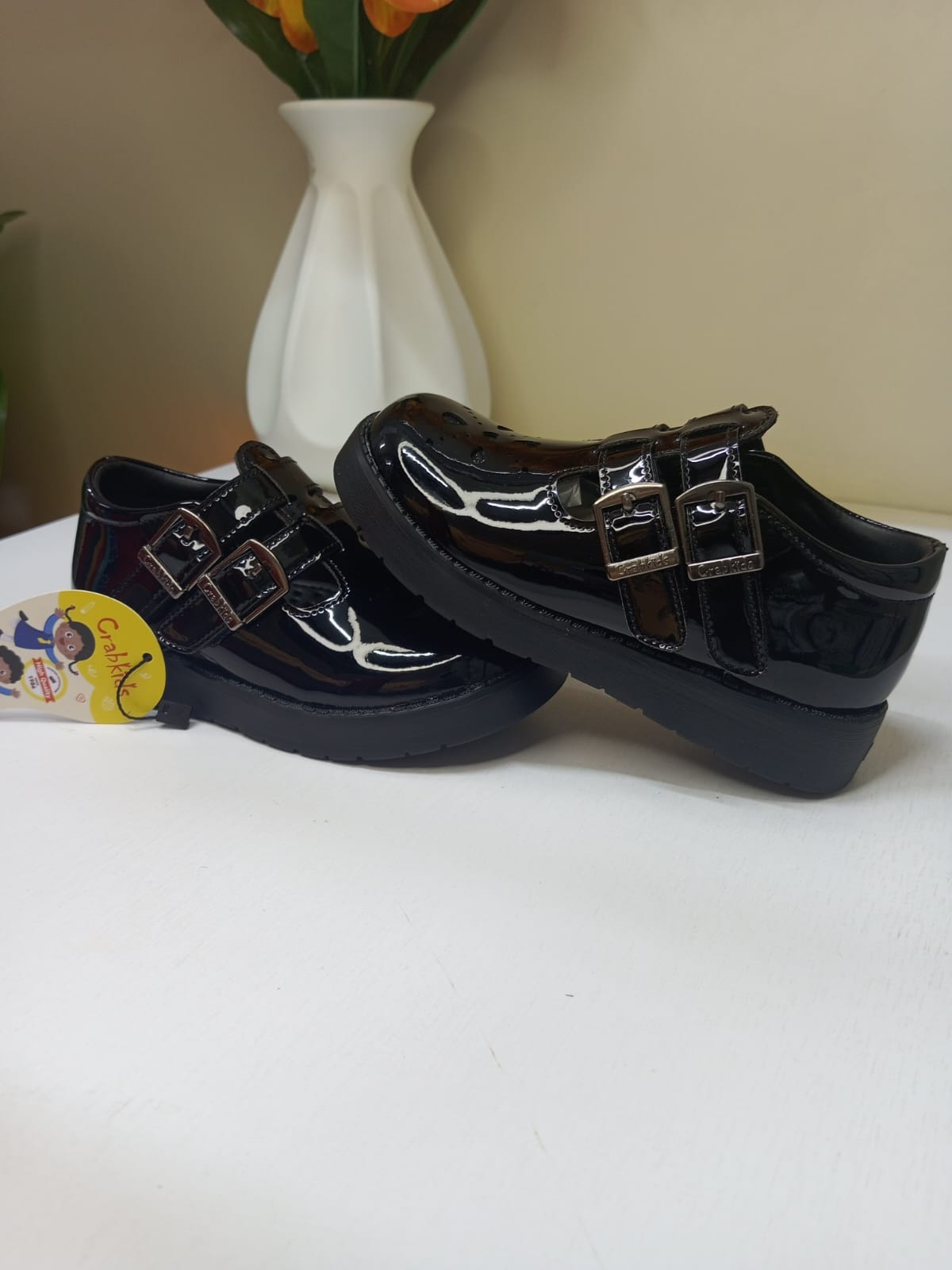 CrabKids Patent Double Buckle School Shoe